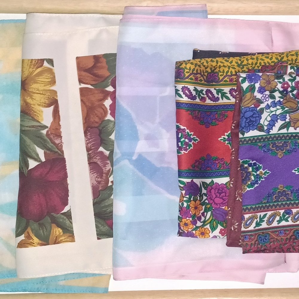 Lot of 5 Colorful Silky Scarves With Floral Patterns